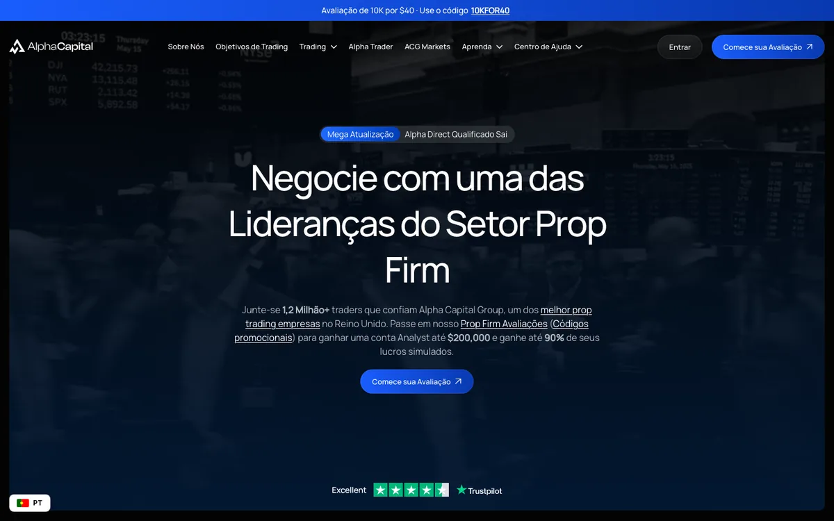 Página da Alpha Capital Group em português, com a faixa do topo anunciando avaliação de 10K por 40 dólares com o código 10KFOR40, capturada em 8 de outubro de 2026.