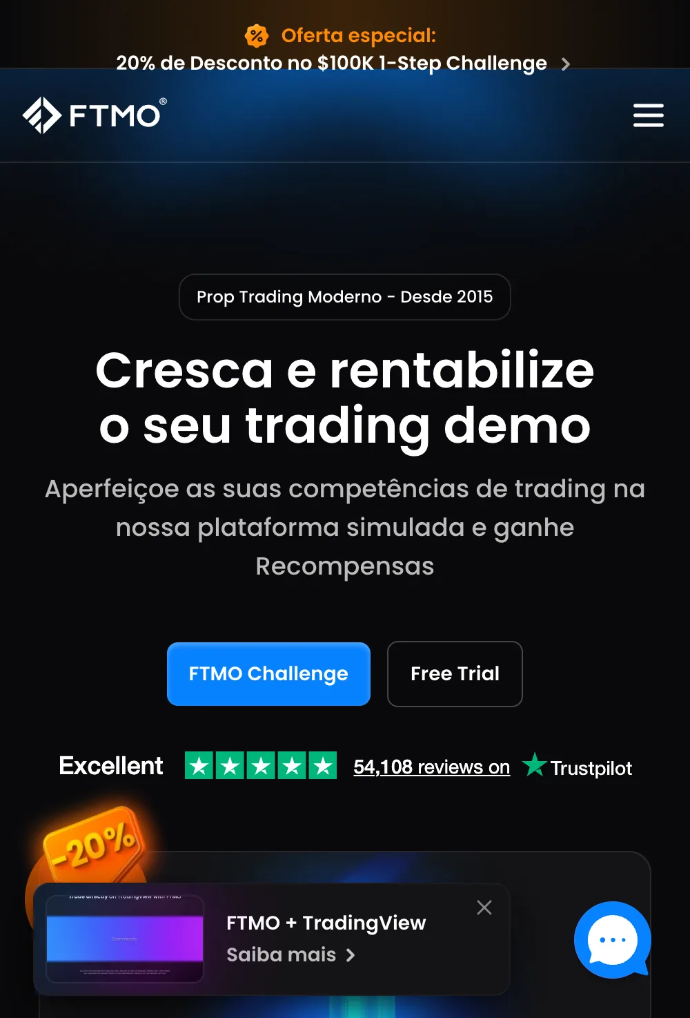 Página da FTMO em português de Portugal anunciando 20% de desconto no 1-Step Challenge de 100 mil dólares, com o título Cresça e rentabilize o seu trading demo.