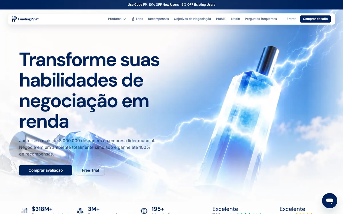 Página da Funding Pips em português, com o título Transforme suas habilidades de negociação em renda e a faixa de desconto do código FP em inglês no topo.