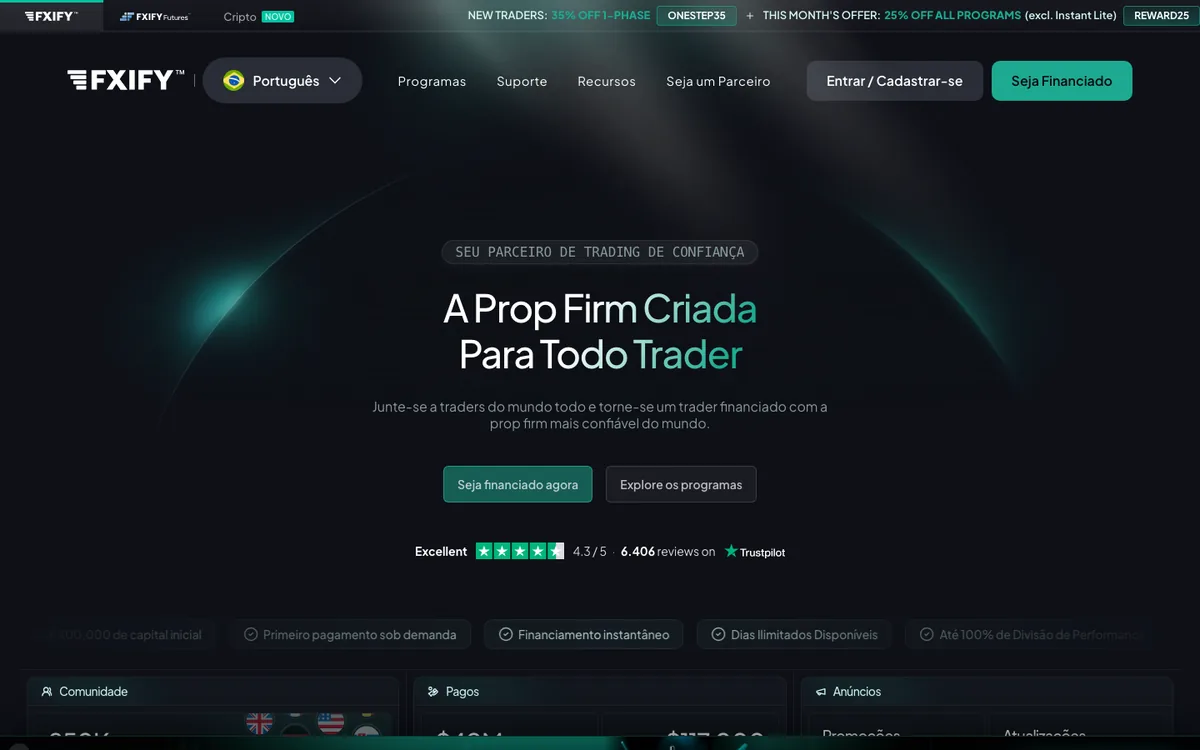 Página da FXIFY em português do Brasil, com o seletor de idioma em Português e os banners de desconto ONESTEP35 e REWARD25 ainda em inglês, capturada em 8 de outubro de 2026.