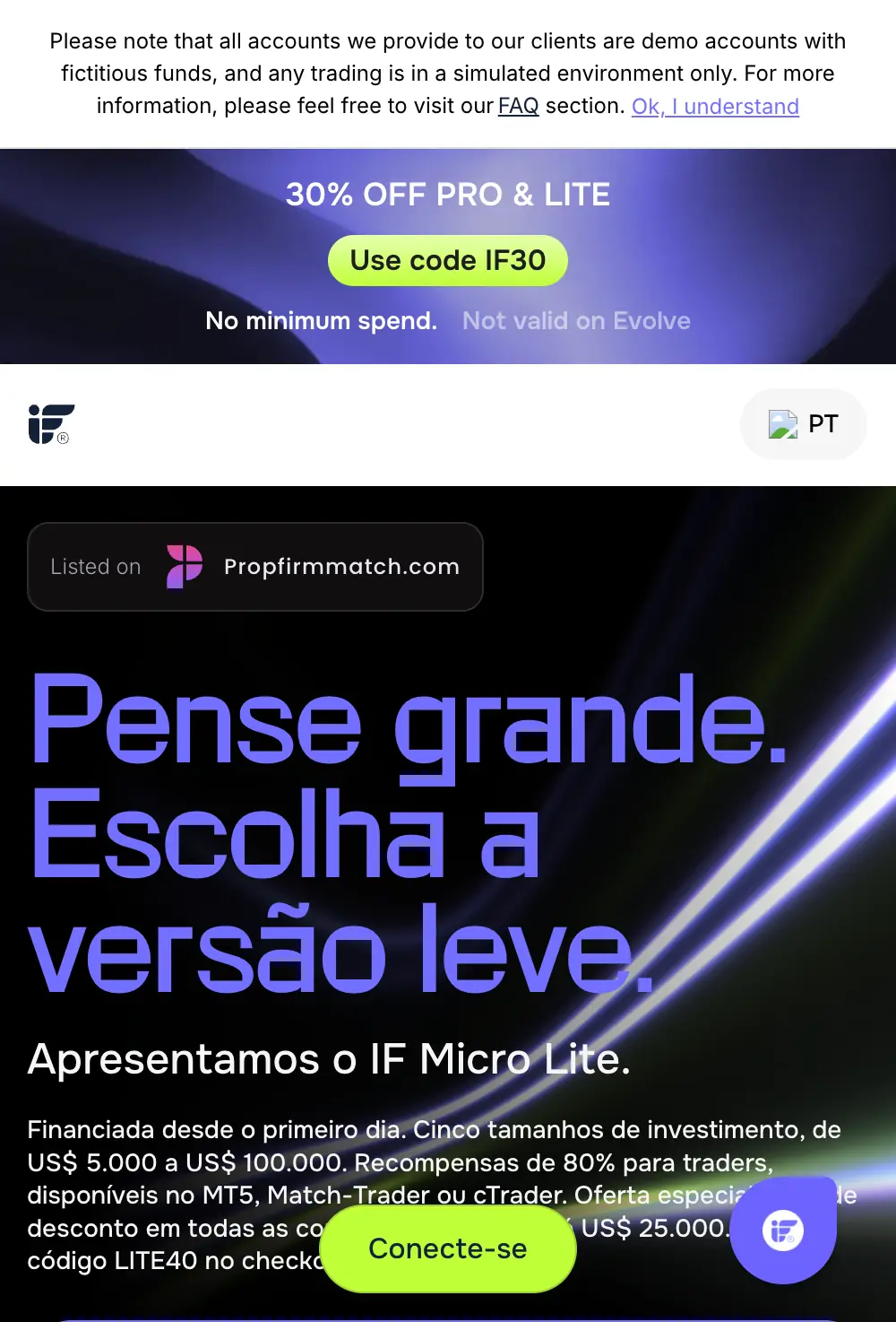 Página da Instant Funding em português com um aviso em inglês de que todas as contas são demo com fundos fictícios, o código IF30 e o IF Micro Lite com o código LITE40.